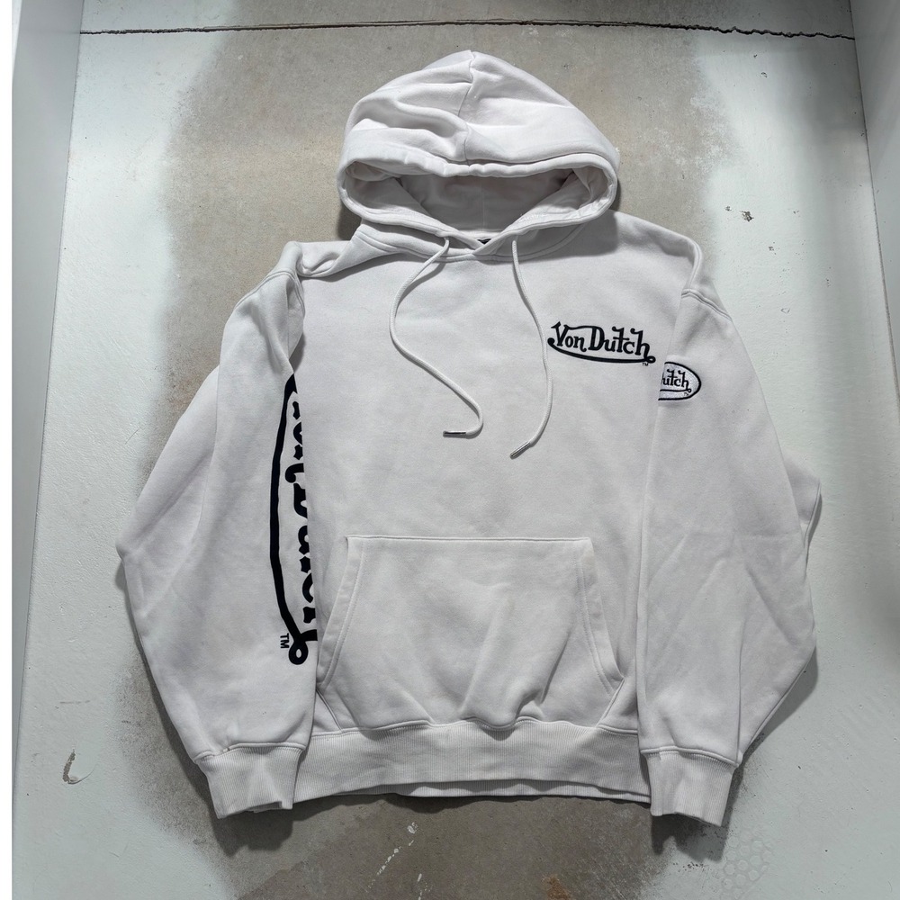 Von Dutch Originals White Logo Hoodie Mens Medium Streetwear Fleece Pullover